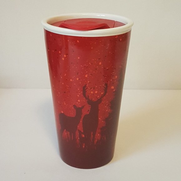 Tim Hortons 2017 Travel Mug Lidded Tumbler Deer Elk Trees Winter Holiday Red - Picture 2 of 16